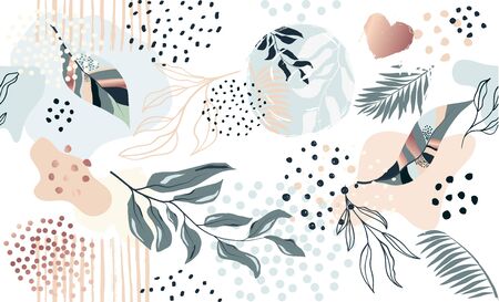 Seamless exotic pattern with tropical plants and pink gold elements. Vector hand draw tropical leaves  background  for paper, cover, fabric, interior decor.のイラスト素材