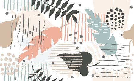Seamless exotic pattern with tropical plants and gold elements. Vector hand draw tropical leaves background  for paper, cover, fabric, interior decor.のイラスト素材