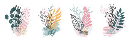 Set abstract floral background isolated on white. Vector hand draw tropical leaves  background  for paper, cover, fabric, interior decor.のイラスト素材