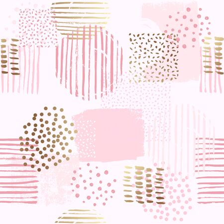 Abstract geometric seamless pattern with circles and gold glitter elements. Vector hand draw design for paper, cover, fabric, interior decor.のイラスト素材