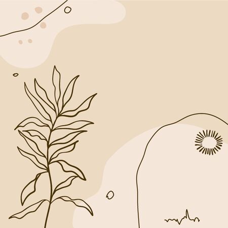 Modern abstract floral art vector leaves background. Hand draw leaves and line art background for paper, cover, fabric, interior decor.のイラスト素材