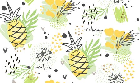 Seamless exotic pattern with tropical plants and gold elements. Vector hand draw ananas background ...