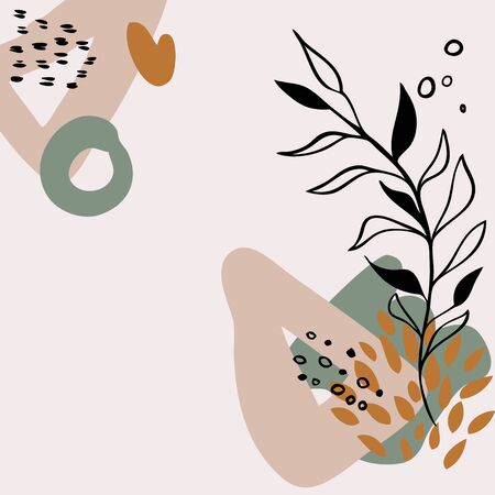 Modern abstract floral art vector leaves background. Hand draw leaves and line art background for social media, cover, fabric, interior decor.のイラスト素材