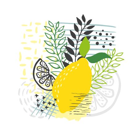 Modern abstract lemon vector leaves background. Hand draw leaves and line art backgroundのイラスト素材