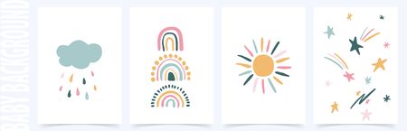 Vector background with hand drawn rainbows and sun. Trendy baby texture for fabric, textile, wallpaper, apparel, wrappingのイラスト素材