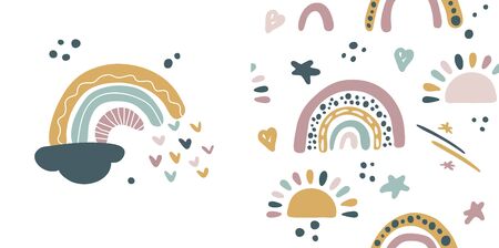 Seamless vector pattern with hand drawn rainbows and sun. Trendy baby texture for fabric, textile, wallpaper, apparel, wrappingのイラスト素材