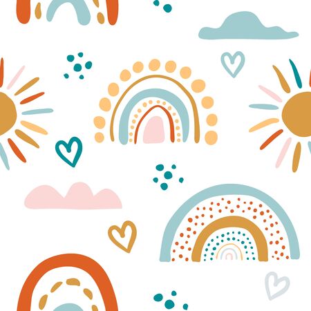 Seamless vector pattern with hand drawn rainbows and sun. Trendy baby texture for fabric, textile, wallpaper, apparel, wrappingのイラスト素材