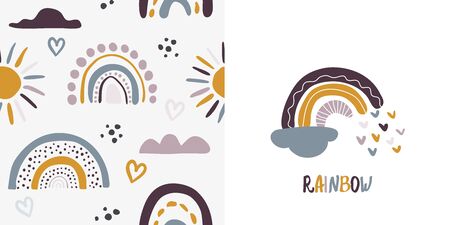 Seamless vector pattern with hand drawn rainbows and sun. Trendy baby texture for fabric, textile, wallpaper, apparel, wrappingのイラスト素材