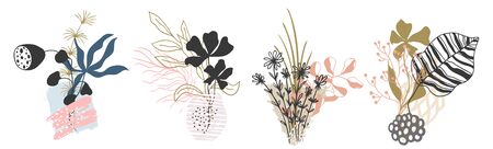 Set abstract floral background isolated on white. Vector hand draw tropical leaves  background  for textile, cover, fabric, interior decor.のイラスト素材