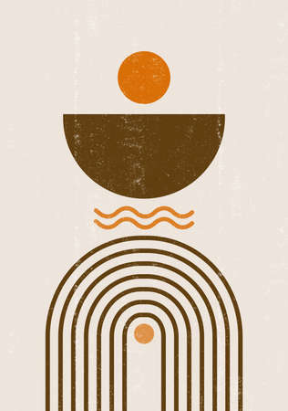 Rainbow print boho minimalist printable wall art geometric Sun abstract print bohemian art work, vectorのイラスト素材