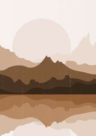 Mid century sunset print boho minimalist printable wall art mountain abstract home decor sun print bohemian art work, vectorのイラスト素材