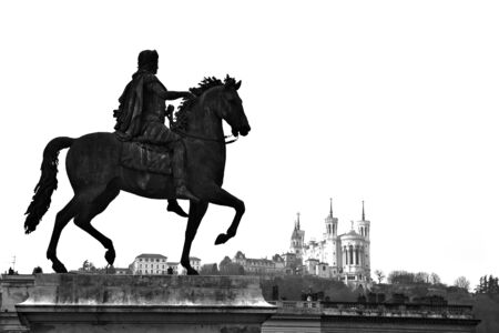 Equestrian statue of Louis XIV and the Basilica of Notre Dame de Fourviere on a background from Place Bellecour, in Lyon centerのeditorial素材