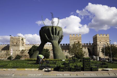 Peace and Culture Statue and ruins of ancient fortress wall of the Belgradkapiのeditorial素材