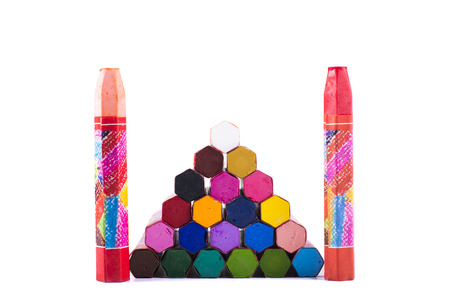 Multicolored crayons pyramid and towerの写真素材