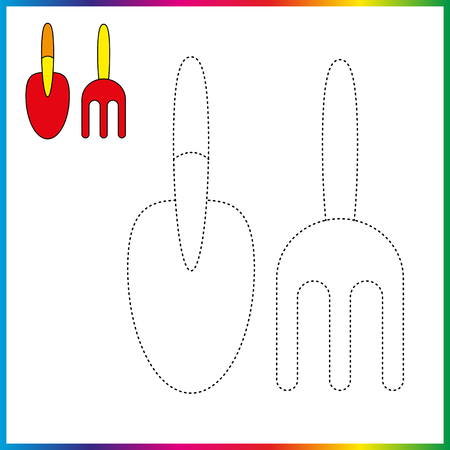 garden tool connect the dots and coloring page. Worksheet - game for kids. Restore dashed line.のイラスト素材