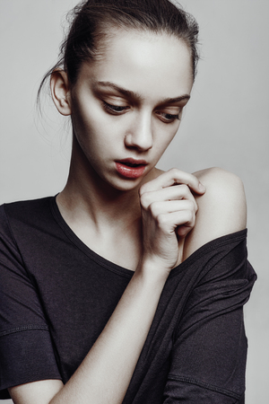 Beautiful Young Woman with Clean Fresh Skin close upの写真素材