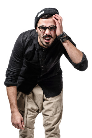 young handsome man dressed casually with different emotions. suggestion to think. isolated on white backgroundの写真素材