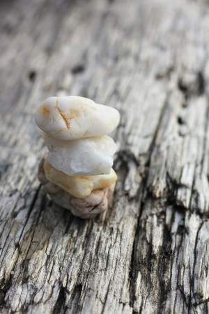 composition of small white rocks on an old log 1