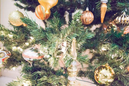 A Christmas tree with glowing lights in the backgroundの写真素材