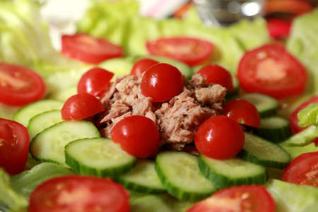 Tuna salad with cherry tomatos and salad leavesの写真素材