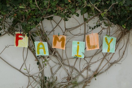 Word  FAMILY  painted on the paper A4 format and attached to the branches of the treeの写真素材