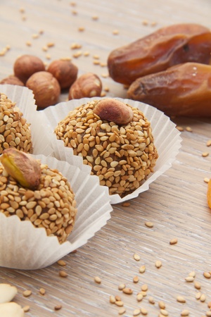 Fitness sweet -  homemade diet truffles with dried fruits and nutsの写真素材