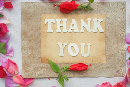 The words \THANK YOU\ on an old carton paper.