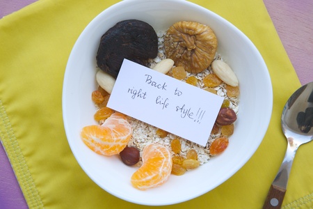 Message on the plate with healthy breakfast: \\\Back to right life style.\\\ Food background: dried...