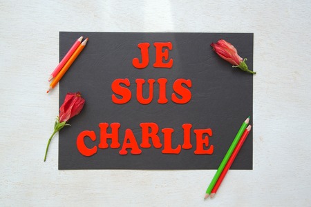 Les Berges du Lac, Tunisia. January 12, 2015. Message in French: \Je suis Charlie\ and two red...