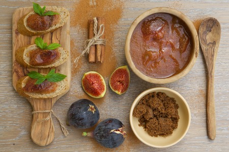 Organic homemade fig marmalade with cinnamon. Food ingredients backgroundの写真素材