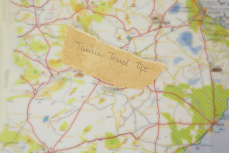 Written text on the text of Tunisia:"Tunisia Travel Tips". Close upの写真素材