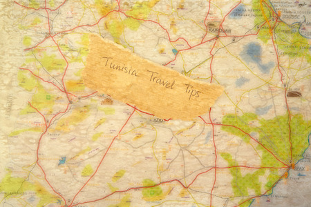 Written text on the text of Tunisia:"Tunisia Travel Tips". Close upの写真素材