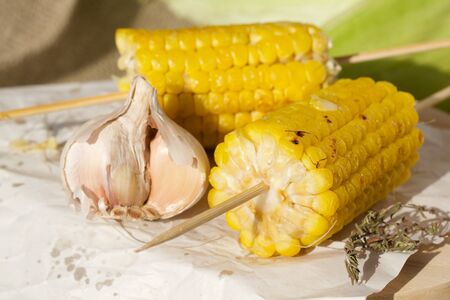 Grilled corn skewers prepared with garlic and thyme. It is placed on a piece of paper.Close upの写真素材