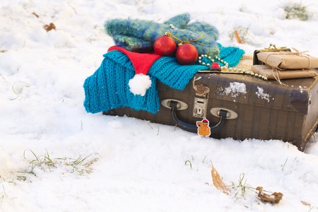 Winter vacation suitcase.Travel tipsの写真素材