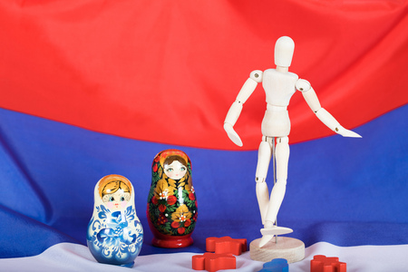 Wooden figures on Russian flag. Closeupの写真素材