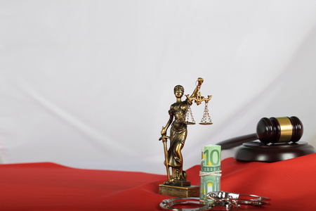 Euros close to the statue of Themis. Polish flag in the backgroundの写真素材