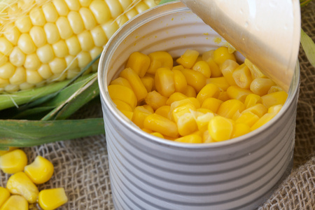 Canned whole kernel sweet corn. Closeup