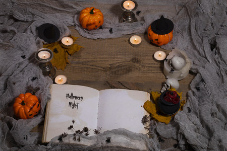 Halloween background. Opened book of bewithcment.Overhead perspective. Free space for a textの写真素材