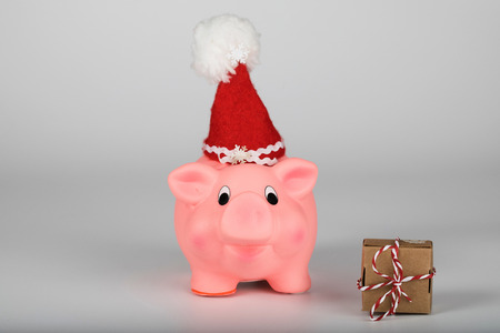 Pink piglet in a Santa Claus hat and Christmas present. Closeupの写真素材