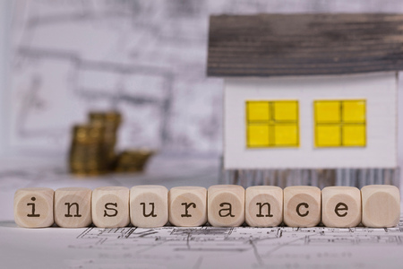 Word INSURANCE composed of wooden letter. Small paper house in the background. Closeupの写真素材
