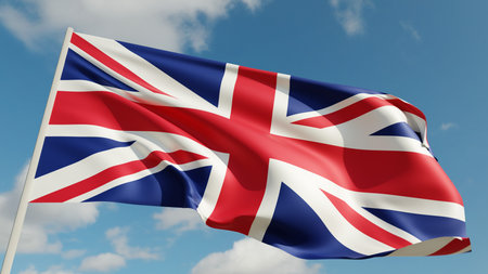United Kingdom flag on blue sky background. Realistic 3D rendering.の写真素材