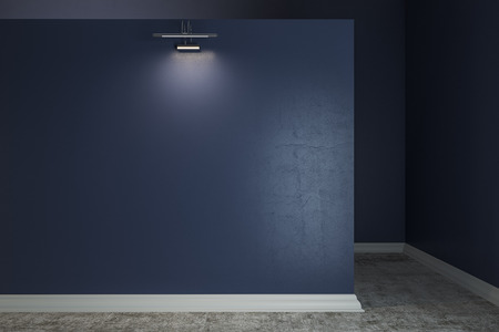 Blank blue wall in modern interior with lamps. Gallery and exhibition concept. Mock up, 3D Rendering の写真素材