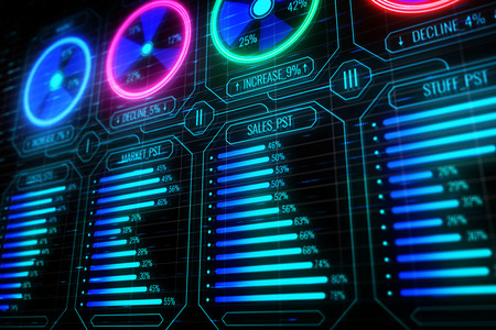Future, innovation and finance concept. Glowing colorful digital business interface background. 3D Rendering の写真素材
