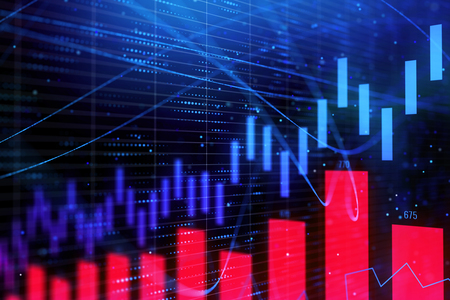 Glowing red forex background with lines. Technology, future, forecasting, trade and investment concept. 3D Rendering の写真素材