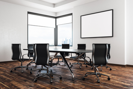 Contemporary meeting room interior with wooden floor, panoramic city view, furniture and empty billboard on wall. Mock up, 3D Rendering の写真素材