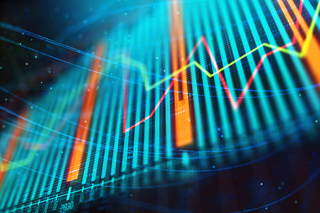 Glowing blue forex background with lines. Technology, future, forecasting, trade and investment concept. 3D Rendering の写真素材