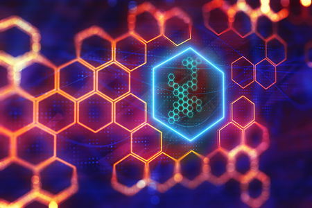 Creative glowing digital red hexagon backdrop. Science and design concept. 3D Rendering の写真素材