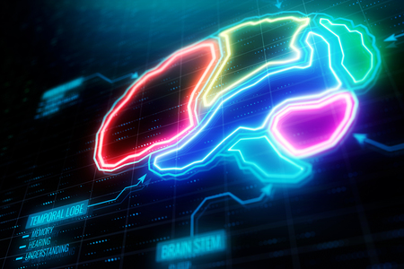 Abstract glowing colorful digital brain background. AI and technology concept. 3D Rendering の写真素材
