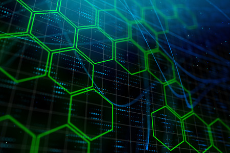 Creative glowing digital green hexagon background. Science and design concept. 3D Rendering 