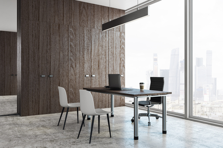Wooden office interior with panoramic ctiy view, workplace and copy space on wall. 3D Rendering の写真素材